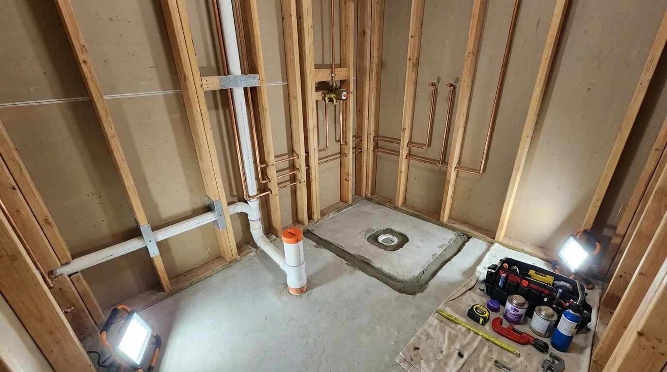 Bathroom rough-in plumbing during remodel by Johns Plumbing LLC in Sherborn