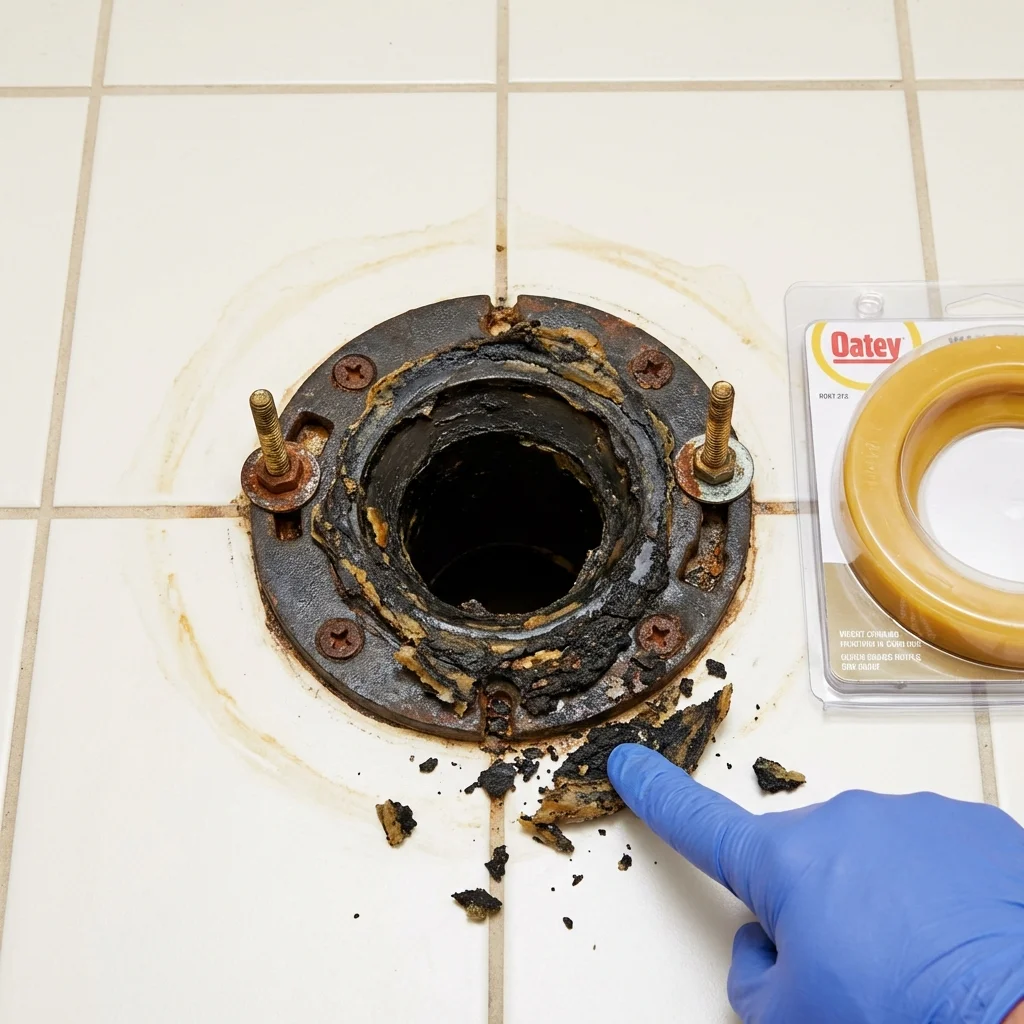 Failed wax ring showing water seepage at the base of a toilet in a Sherborn, MA home