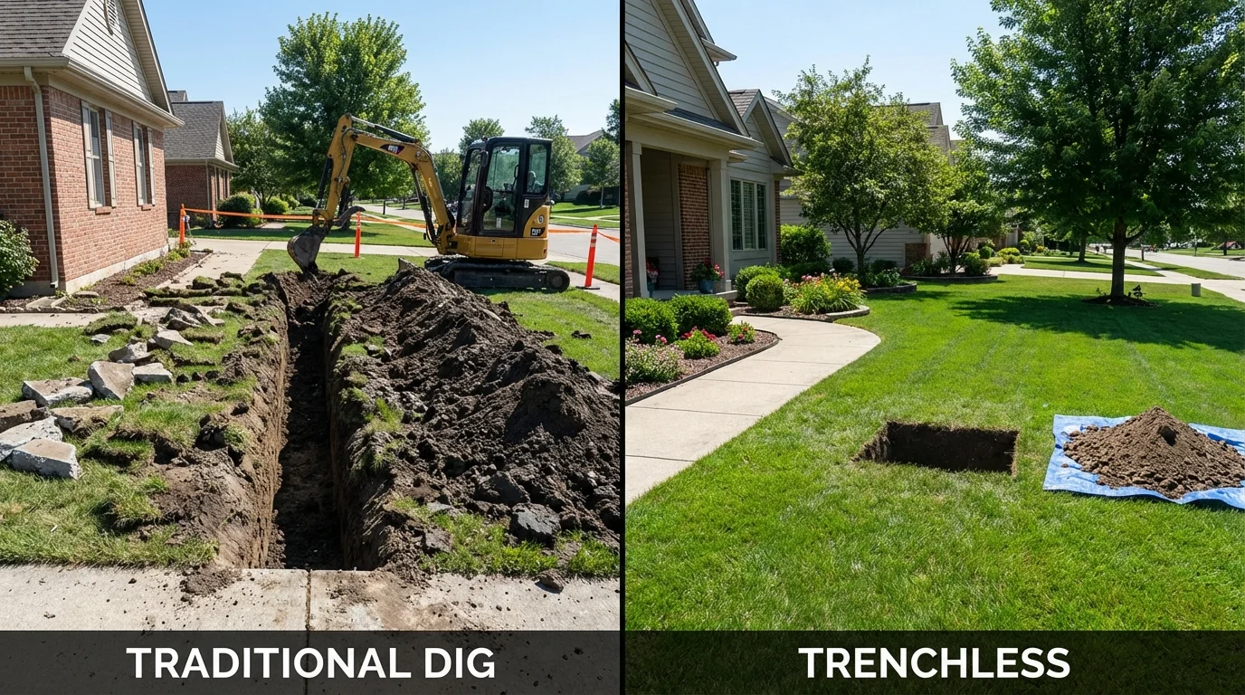 Trenchless sewer repair with minimal yard damage versus traditional excavation in Sherborn, MA