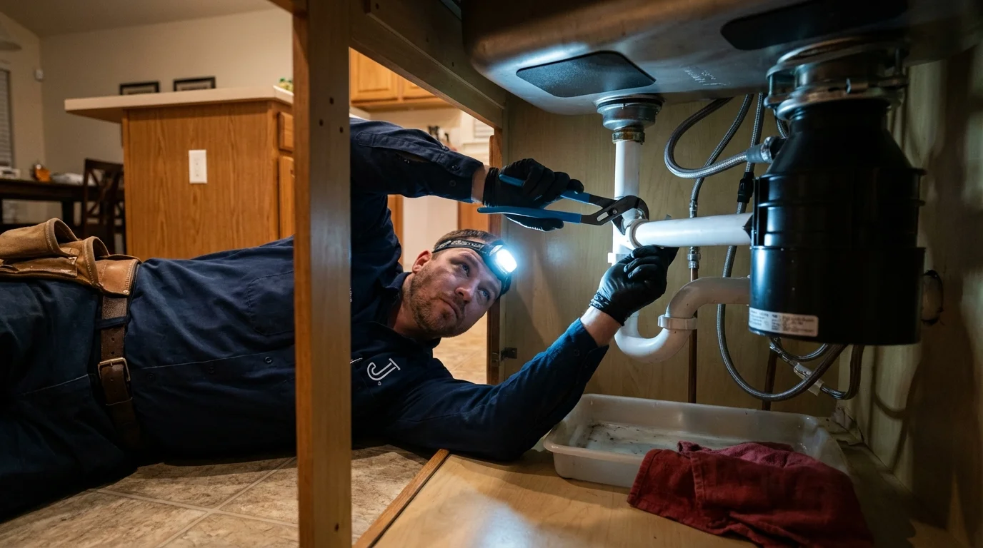 P-trap and supply line connections under a kitchen sink showing a common leak point in Sherborn, MA